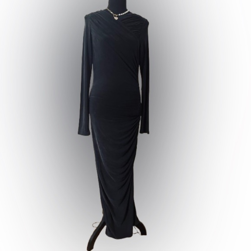 🆕 All Saints Hanako Long Sleeve Ruched Dark Gray Asymmetrical Dress 8UK (4US) - Picture 2 of 16